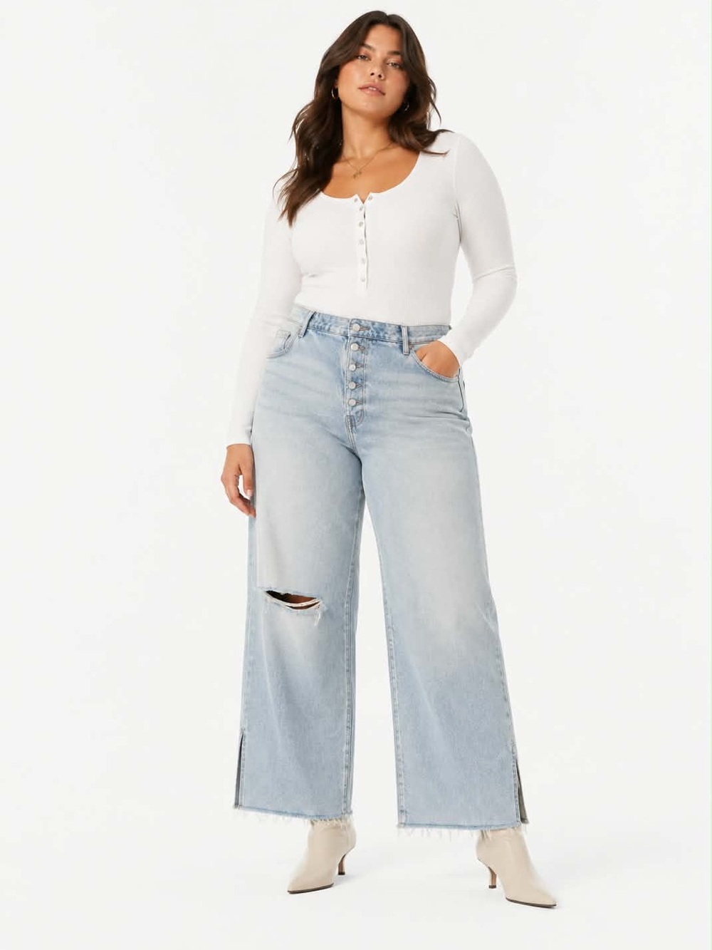 George Light Blue Wide-Leg Jeans with Button Fly & Distressed Knee – Size 14 EUC